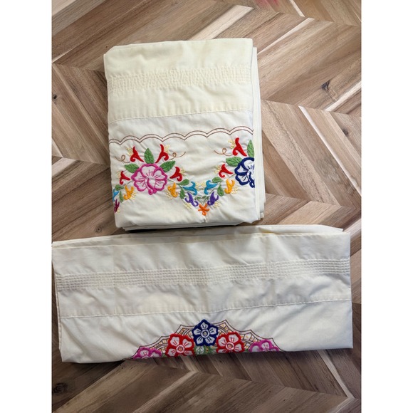 VTG Sears Perma Percale Full Flat Sheet+Pillow Case Embroidered Floral Cottage - Picture 7 of 8